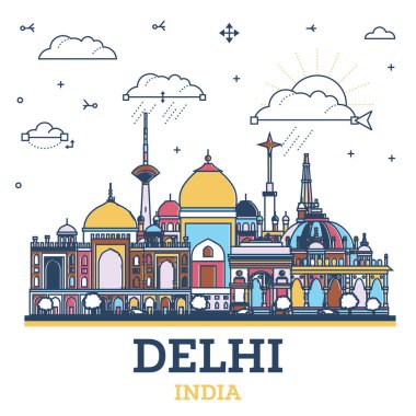 Delhi India City Skyline 'ın ana hatları. Renkli Tarihi Binalar beyazlar üzerinde izole edilmiş. Vektör İllüstrasyonu. Tarihi Simgelerle Delhi Şehir Manzarası.