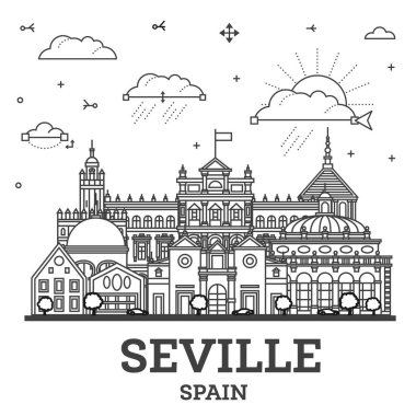 Beyaz üzerine izole edilmiş tarihi binalarla Seville İspanya 'nın silueti. Vektör İllüstrasyonu. Tarihi Simgeli Sevilla Şehir Manzarası.