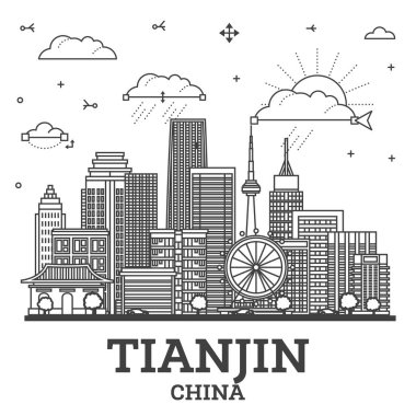 Tianjin China City Skyline 'ın ana hatlarıyla Modern Binalar beyaza izole edildi. Vektör İllüstrasyonu. Tarihi Simgeli Tianjin Şehir Manzarası.