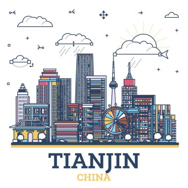 Tianjin China City Skyline 'ın ana hatları. Renkli modern binalar beyaza izole edilmiş. Vektör İllüstrasyonu. Tarihi Simgeli Tianjin Şehir Manzarası.