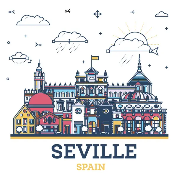 Esquema Sevilla España Ciudad Skyline Con Edificios Históricos Colores Aislados — Vector de stock