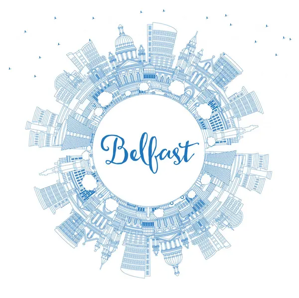 概述贝尔法斯特北爱尔兰市蓝楼和复制空间的天际线 病媒说明 贝尔法斯特城市景观与地标 具有历史建筑的旅游和旅游概念 — 图库矢量图片#