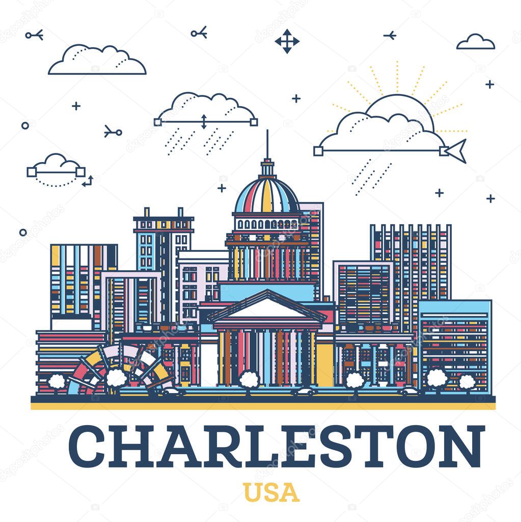 Outline Charleston West Virginia USA City Skyline with colored Modern Buildings Isolated on White. Vector Illustration. Charleston Cityscape with Landmarks.