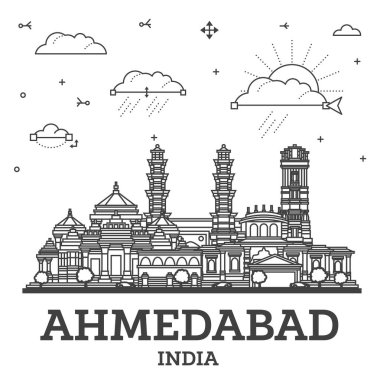 Ahmedabad India City Skyline 'ın ana hatları. Tarihi Binalar beyaza izole edilmiş. Vektör İllüstrasyonu. Ahmedabad Şehir Manzarası.