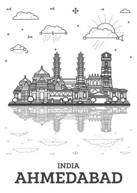 Ahmedabad India City Skyline 'ın ana hatlarıyla birlikte tarihi yapılar ve beyaza izole edilmiş yansımalar. Vektör İllüstrasyonu. Ahmedabad Şehir Manzarası.