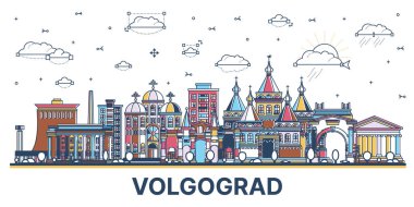 Beyaz renkli, modern ve tarihi binaları olan Volgograd Rusya şehri silueti. Vektör çizimi. Volgograd şehir simgeleri ile.