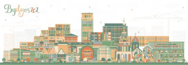 Bydgoszcz Polonya renkli binalarla gökyüzü. Vektör çizimi. Bydgoszcz işaretli şehir manzarası. Modern ve tarihi mimariyle iş seyahati ve turizm kavramı.