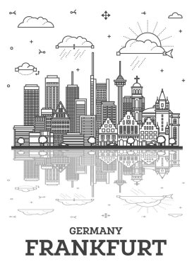 Frankfurt Almanya şehir silueti Modern binalar ve beyaza izole edilmiş yansımalarla ana hatlarıyla. Vektör İllüstrasyonu. Yer imleriyle Frankfurt Şehri.