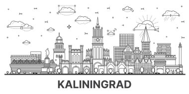 Beyaz üzerine izole edilmiş modern ve tarihi binalarla Rusya 'nın Kaliningrad şehri silueti. Vektör çizimi. Kaliningrad şehir simgeleriyle.