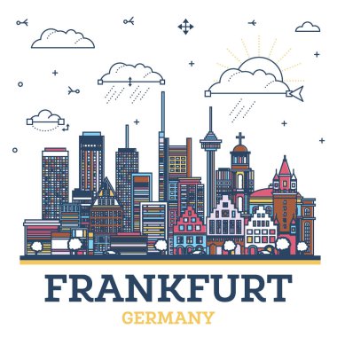 Frankfurt Almanya şehir silueti Modern Renkli Binalar beyaza izole edilmiş. Vektör İllüstrasyonu. Yer imleriyle Frankfurt Şehri.