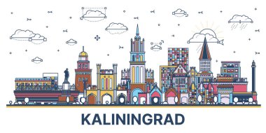 Kaliningrad Rusya şehir merkezi, beyaza izole edilmiş renkli modern ve tarihi binalar ile gökdelendir. Vektör çizimi. Kaliningrad şehir simgeleriyle.
