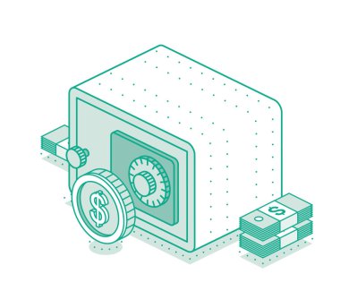 Amerikan parası ve yığınla parayla dolu Isome kasası. Beyaz arkaplanda izole edilmiş nesne. Vektör çizimi. Yatırım simgesi.