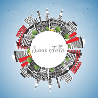 Sioux Falls South Dakota City Skyline, Renkli Binalar, Mavi Gökyüzü ve Kopya Uzay. Vektör İllüstrasyonu. Sioux Falls ABD Şehri 'nin simgeleriyle. Modern Mimariyle Turizm Konsepti.
