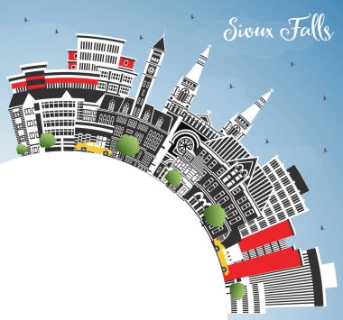 Sioux Falls South Dakota City Skyline, Renkli Binalar, Mavi Gökyüzü ve Kopya Uzay. Vektör İllüstrasyonu. Sioux Falls ABD Şehri 'nin simgeleriyle. Modern Mimariyle Turizm Konsepti.