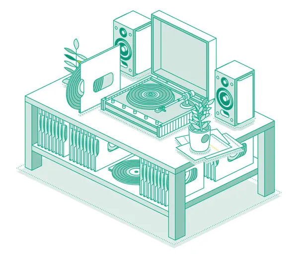 ディスク付きイソメトリックビニールLpレコードプレーヤー レコーダーと2台のスピーカー付きのテーブル ステレオシステム 白い背景に隔離された物体 ビニールディスクの棚付きのテーブル ベクトルイラスト — ストックベクタ