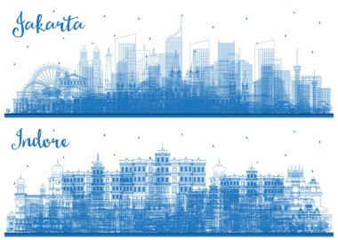 Indore India ve Jakarta Endonezya City Skyline ana hatlarıyla Blue Buildings. Yer İmlerine sahip şehir manzarası.