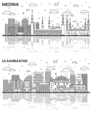 Ulaanbaatar Moğolistan ve Medina Subia City Skyline 'ın ana hatları beyaza izole edilmiş Yansımalar ve Tarihi Binalar. Yer İmlerine sahip şehir manzarası.