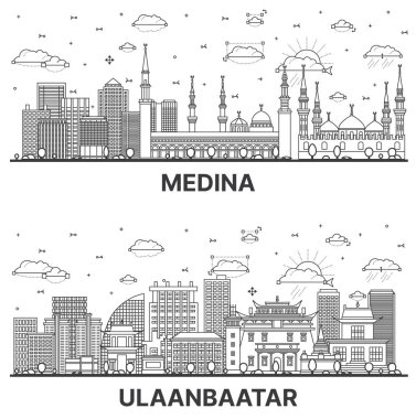 Ana hatlarıyla Ulaanbaatar Moğolistan ve Medine Suudi Arabistan şehir silueti Modern ve Tarihi Binalar Beyaz üzerine izole edilmiştir. Yer İmlerine sahip şehir manzarası.