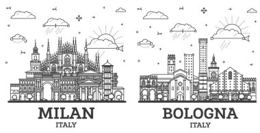 Bologna ve Milan City Skyline 'ın ana hatları Beyaz üzerine kurulmuş Tarihi Binalar. İllüzyon. Yer İmlerine sahip şehir manzarası.