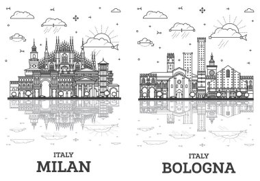 Bologna ve Milan City Skyline 'ın ana hatları, Beyaz üzerine izole edilmiş Tarihi Binalar ve Yansımalar. İllüzyon. Yer İmlerine sahip şehir manzarası.