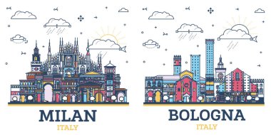 Bologna ve Milan City Skyline ana hatlarıyla Renkli Tarihi Binalar beyaz üzerine izole edildi. İllüzyon. Yer İmlerine sahip şehir manzarası.