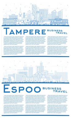 Espoo ve Tampere Finlandiya şehir silueti mavi binalar ve kopyalama alanlarıyla çevrelenmiştir. Tarihi işaretli şehir manzarası.