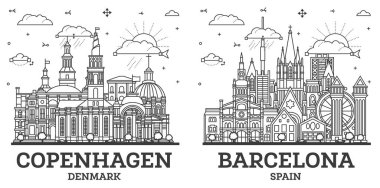 Barcelona İspanya ve Kopenhag City Skyline ana hatlarıyla Modern ve Tarihi Binalar beyaza izole edilmiştir. İllüzyon. Yer İmlerine sahip şehir manzarası.
