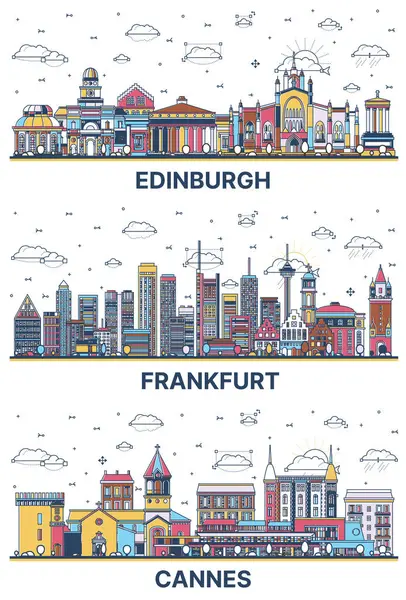 法兰克福德国 戛纳法国和爱丁堡苏格兰市的天际线轮廓 配以与白色隔离的彩色现代和历史建筑 有地标的城市景观 — 图库照片