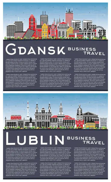 ルブリンとグダニスクポーランドの都市スカイラインは 色の建物 青い空とコピースペースを設定しています ランドマーク付きのシティスケープ モダンで歴史的な建築によるビジネスと観光コンセプト — ストック写真