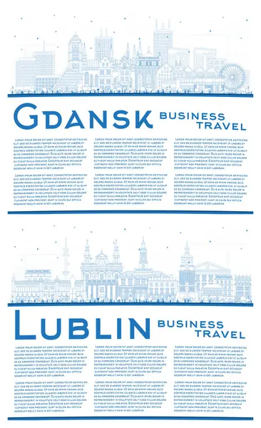 轮廓卢布林和格但斯克波兰城市天际线设置蓝色建筑物和复制空间 具有地标的城市景观 具有现代和历史建筑的商务旅行和旅游概念 — 图库照片