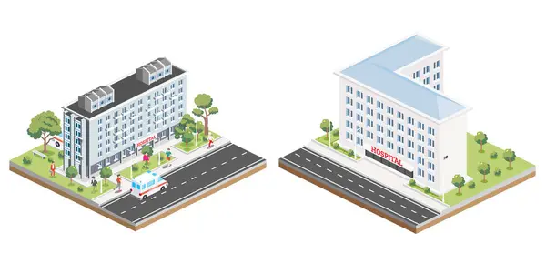 病院のイソメトリックビル アイコンまたはインフォグラフィック要素 シティクリニック 白い背景に単離された建築シンボル 人と緑の木 道路上の救急車 — ストック写真