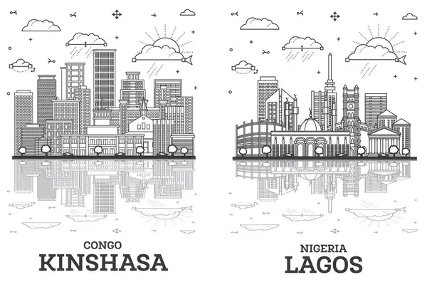 拉各斯尼日利亚和金沙萨的天际线轮廓 设置现代建筑和映像 与白色隔离 有地标的城市景观 — 图库照片