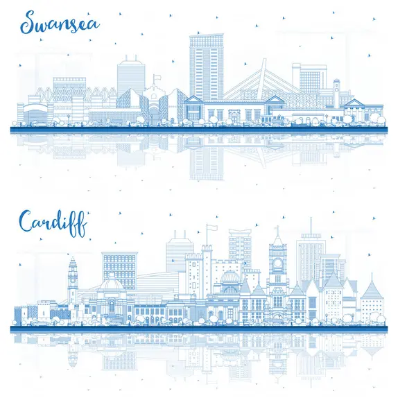 Esboço Cardiff Swansea Wales City Skyline Conjunto Com Edifícios Azuis — Fotografia de Stock