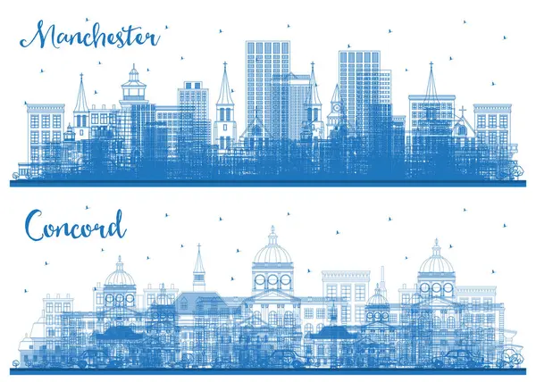 Outline Concord Manchester New Hampshire City Skyline Set Met Blue — Stockfoto