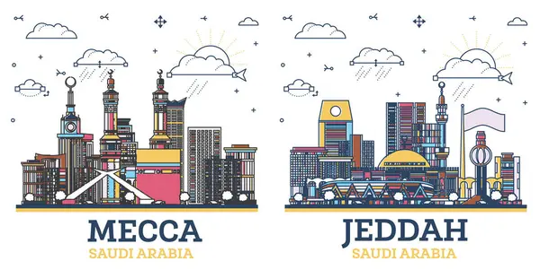 吉达和麦加轮廓沙特阿拉伯城市天际线设置有色现代和历史建筑隔离在白色 具有地标的城市景观 — 图库照片#