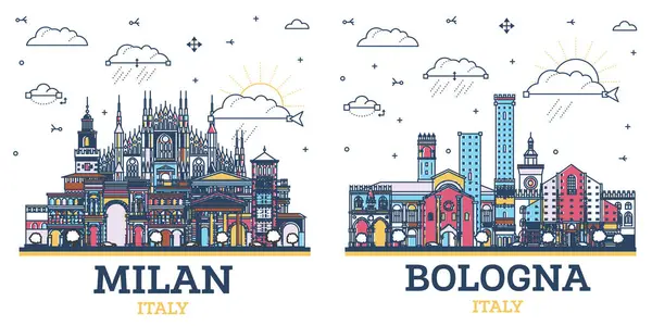 博洛尼亚和米兰意大利城的天际线轮廓 配以与白色隔离的彩色历史建筑 有地标的城市景观 — 图库照片#