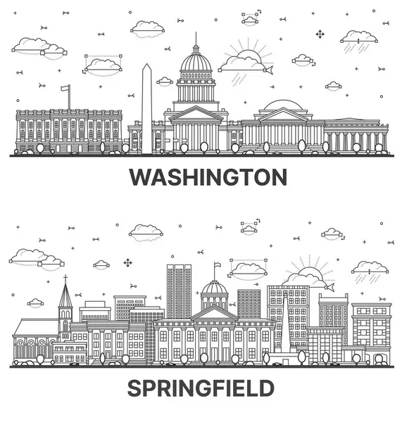 大纲斯普林菲尔德伊利诺伊州和华盛顿特区的天际线设置历史建筑与白色隔离 有地标的城市景观 — 图库照片#