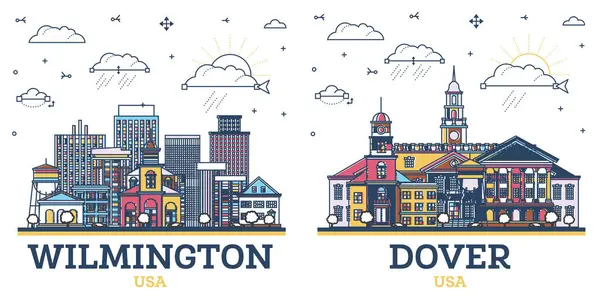 Zarys Dover Wilmington Delaware Zestaw Skyline City Kolorowymi Zabytkowymi Budynkami — Zdjęcie stockowe
