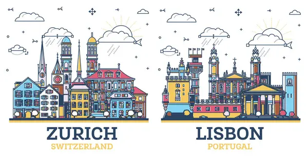 里斯本葡萄牙和苏黎世瑞士城市天际线轮廓设置有色现代和历史建筑与白色隔离 有地标的城市景观 — 图库照片#