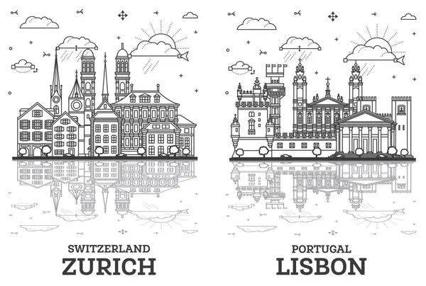 Zarys Lizbony Portugalia Zurych Szwajcaria Miasto Skyline Zestaw Zabytkowych Budynków — Zdjęcie stockowe