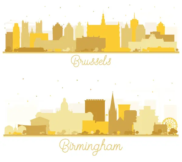 Birmingham Och Bryssel Belgien City Skyline Silhouette Set Med Golden — Stockfoto