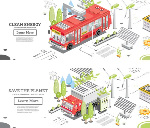 充電ステーション付きの電気トラックとバス アイソメトリック コンセプト 太陽光パネルと風力タービンが背景にあります クリーンエネルギーコンセプト エコロジー — ストック写真