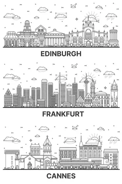 法兰克福 法国和爱丁堡的苏格兰天际线与现代和历史建筑隔离在白色之上 有地标的城市景观 — 图库照片#