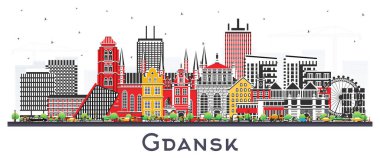Gdansk Polonya şehir silueti beyaz renkli binalar ile izole edildi. Vektör çizimi. Şehir simgeleriyle Gdansk şehri. Modern ve tarihi mimariyle iş seyahati ve turizm kavramı.