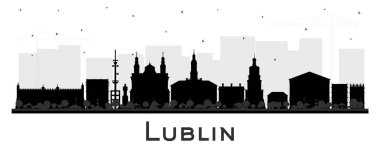 Lublin Polonya 'nın silueti, beyaz üzerine izole edilmiş siyah binalar. Vektör çizimi. Şehir simgeleriyle dolu Lublin şehri. Modern ve tarihi mimariyle iş ve turizm kavramı.