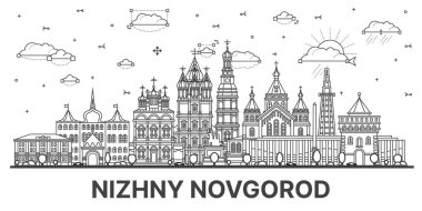 Nizhny Novgorod Rusya şehrinin ana hatları beyaza izole edilmiş modern ve tarihi binalarla birlikte yükselişte. Vektör çizimi. Nizhny Novgorod şehir merkezi.