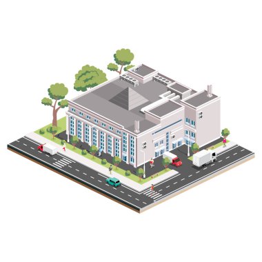 Isometric alışveriş merkezi. Bilgi elemanı. Süpermarket binası. Vektör çizimi. Beyaz arka planda yeşil yapraklı insanlar, kamyonlar ve ağaçlar.