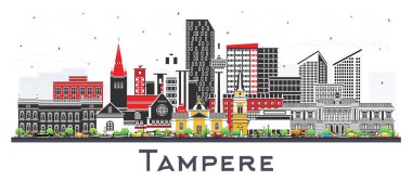Tampere Finland şehrinin ufuk çizgisi beyaza izole edilmiş renkli binalar. Vektör çizimi. Şehir simgeleriyle dolu Tampere şehri. Modern ve tarihi mimariyle iş seyahati ve turizm kavramı.