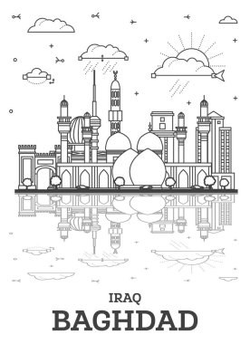 Outline Baghdad Iraq City Skyline with Historic Buildings and Reflections Isolated on White. Vector Illustration. Baghdad Cityscape with Landmarks.
