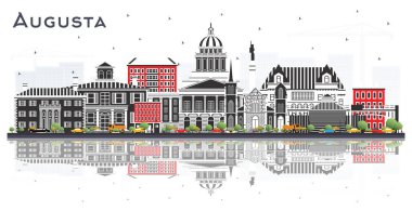Augusta Maine City Skyline Renkli Binalar ve Beyaz 'a izole edilmiş yansımalar. Vektör İllüstrasyonu. Tarihi Mimariyle İş ve Turizm Konsepti. Augusta USA Tarihi Simgeli Şehir.